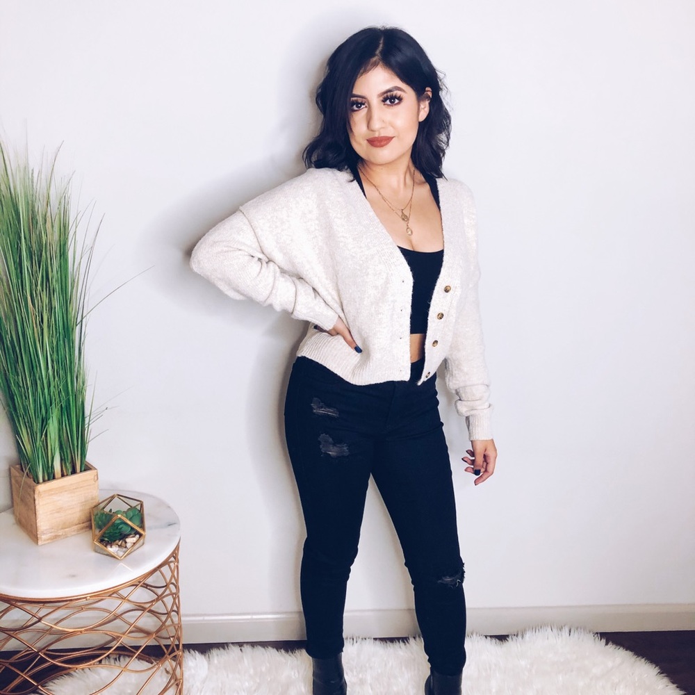Tan fuzzy button sweater